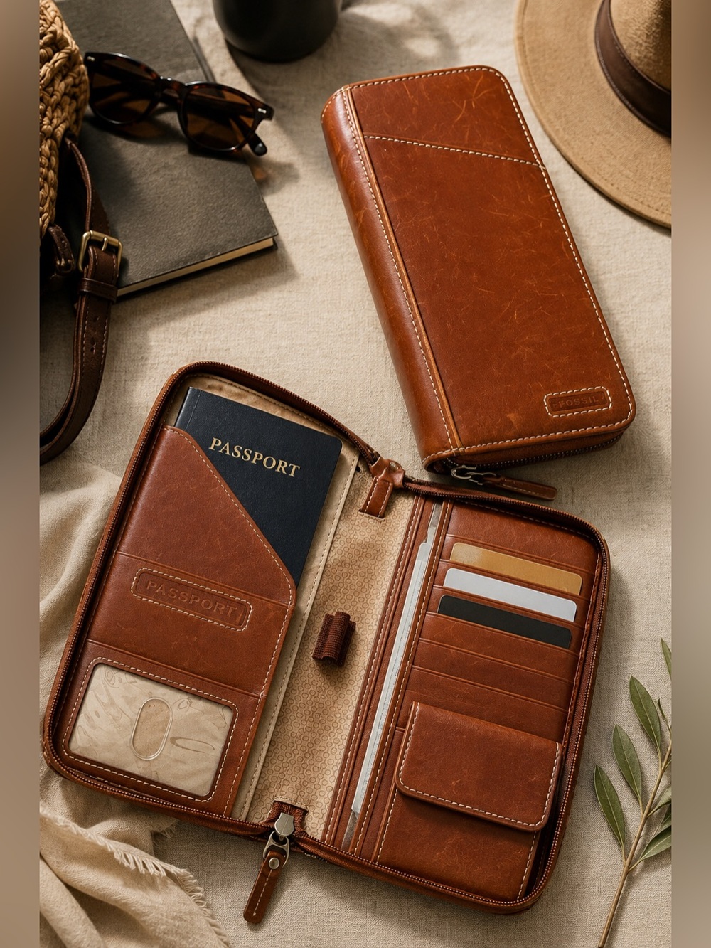 Fossil Genuine Leather Zip Around Passport Travel Organizer Wallet Brown